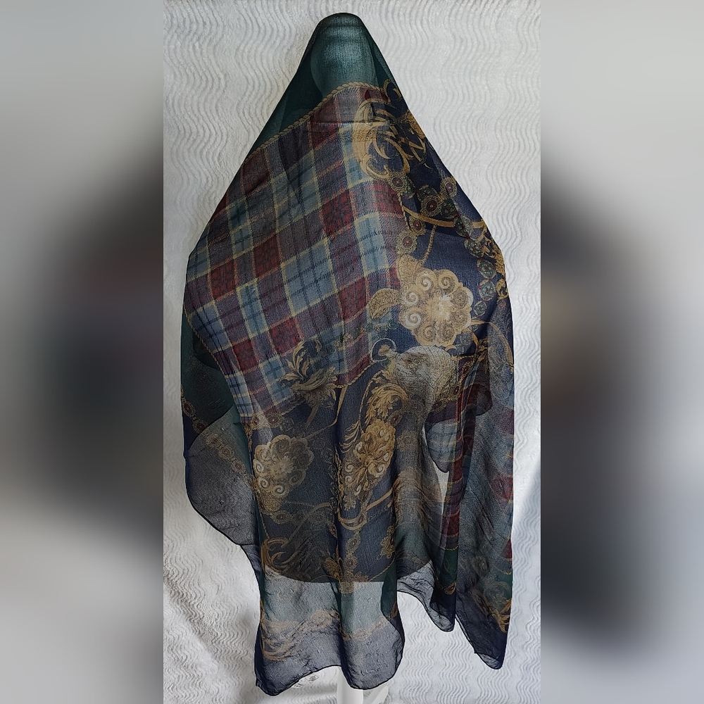 Compagnie Internationale Express Equestrian Plaid Gold Filigree Scarf Old Money - Picture 8 of 17